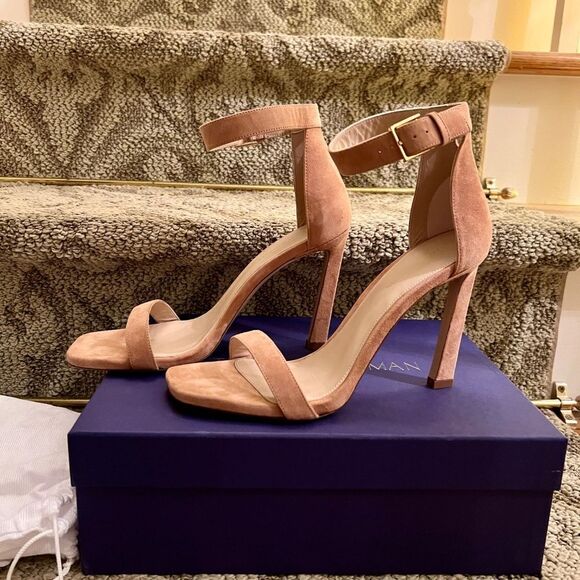 NWB Stuart Weitzman 100 Square Nudist Nude Suede Heels Sandals Shoes 8.5 M - Picture 1 of 11